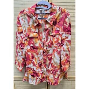 J Jill Linen Floral Blouse Pink Orange Summer Top Size 12